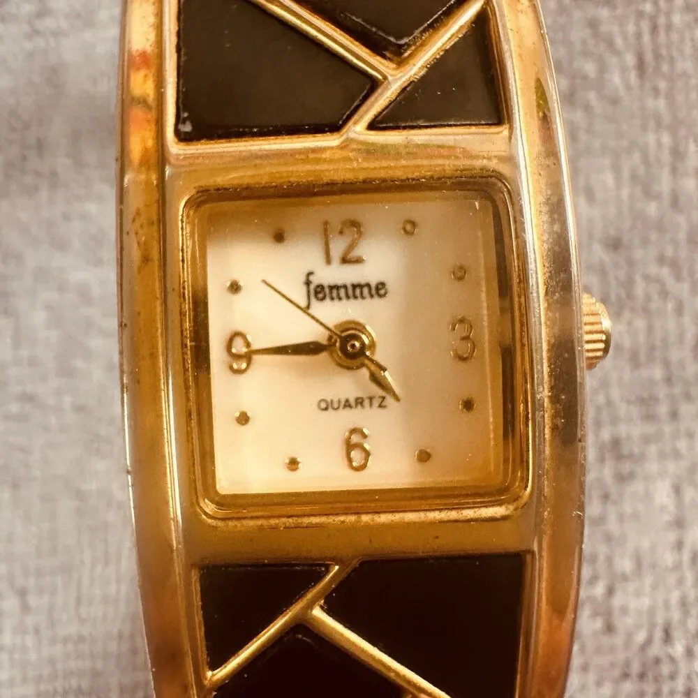 Vintage Femme Gold Tone Quartz Bangle Watch Black Geometric Art Deco Women’s
